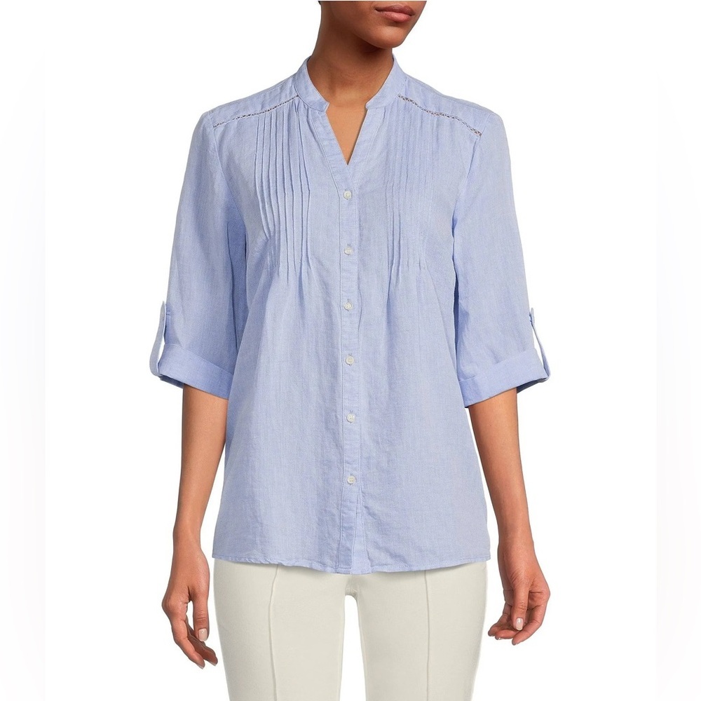J.McLaughlin Riviera Linen Blend Button Down Top Blouse Blue Size Small